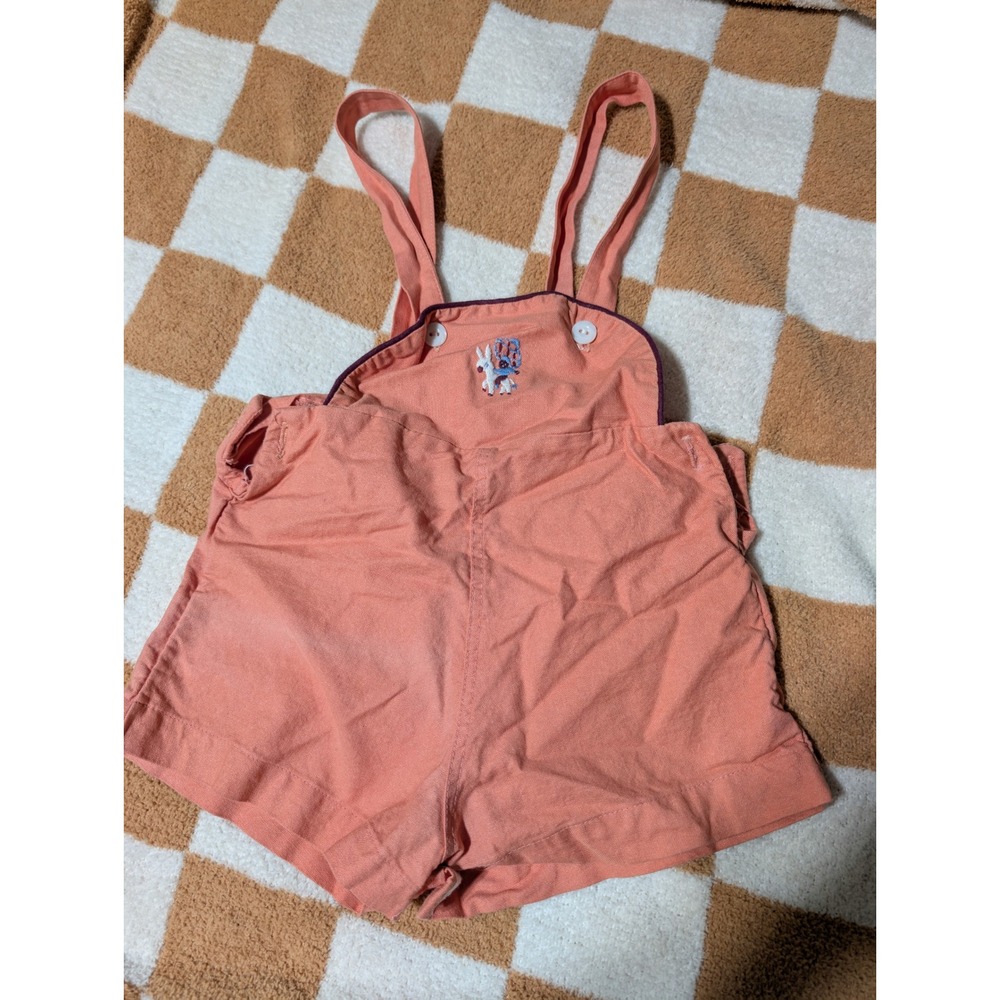 Vintage Baby Overalls Romper Coral Embroidered‎ Lamb Sleeveless A1